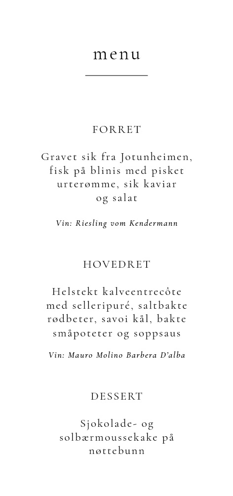 
                Rikke & Martin menukort er virkelig klassisk og elegant og perfekt til jeres bryllup. Til designet kommer også matchende elementer i form af invitation velkomstskilt, salmehæfte, bordoversigt, menukort, drinkskort, takkekort mm. således I kan skabe en rød tråd for dagen.                